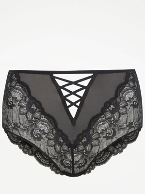 Entice Black Lace High Waisted Brazilian Knickers Women at ASDA