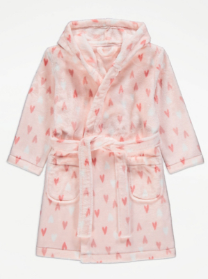 Pink Heart Print Fleece Hooded Dressing Gown Kids at ASDA