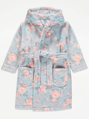 Blue Floral Fleece Hooded Dressing Gown Kids at ASDA