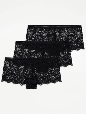 Black Lace Short Knickers 3 Pack Lingerie at ASDA