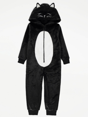 Black Cat Fleece Hooded Onesie Kids at ASDA