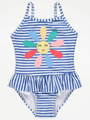 Navy Striped Daisy Print Frilled Swimsuit Kids at ASDA