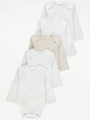 White Mini Triangle Long Sleeve Bodysuits 5 Pack Baby at ASDA