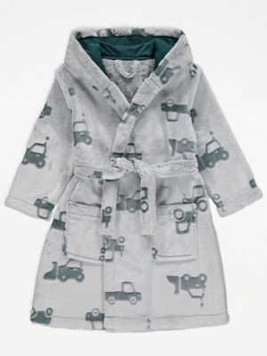 Teal Transport Print Fleece Dressing Gown Kids at ASDA