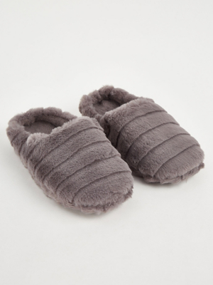 Grey Faux Fur Mule Slippers Women at ASDA