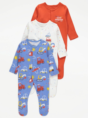 Assorted Bright Vehicle Sleepsuits 3 Pack Baby at ASDA