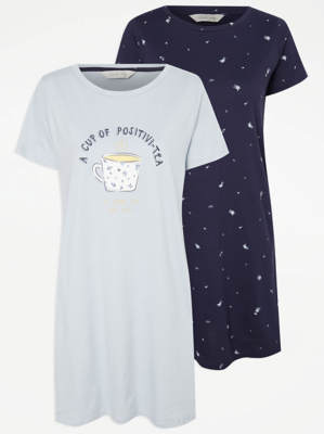 Blue Cup of Tea Nightdresses 2 Pack Women at ASDA