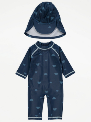 Navy Rainbow Print Sunsafe Swimsuit and Keppi Hat Baby at ASDA