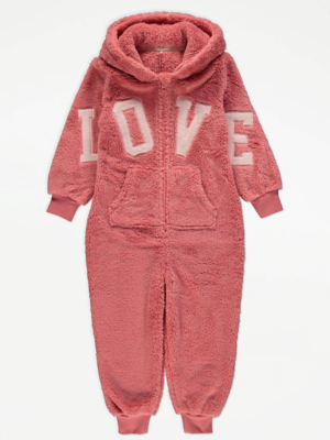 Pink Fleece Love Hooded Onesie Kids at ASDA