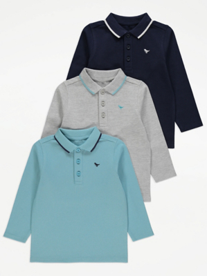 Plain Long Sleeve Polo Shirts 3 Pack Kids at ASDA