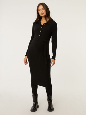 Maternity Black Button Up Ribbed Dress Women at ASDA