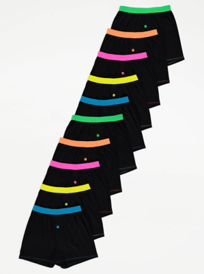 Neon Trim Black Boxers 10 Pack Kids at ASDA