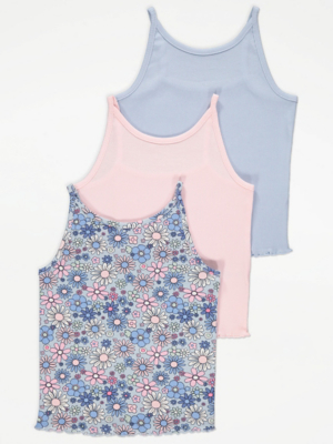 Blue Retro Floral Ribbed Cami Vests 3 Pack Kids at ASDA