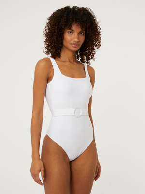 White Ribbed Tummy Control Belted Swimsuit Women at ASDA