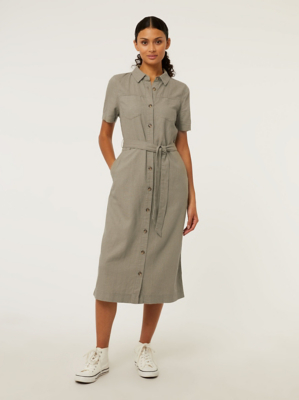 Khaki Linen Blend Midi Shirt Dress Women at ASDA