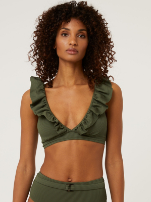 Khaki Frilled Ribbed Bikini and High Waisted Bottoms Set at ASDA
