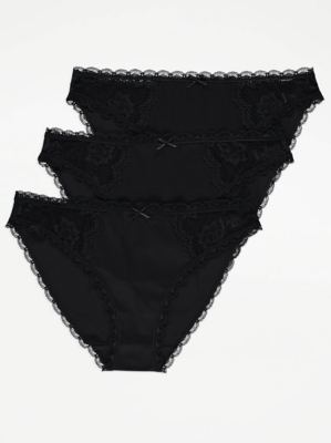 Black Lace Trim High Leg Knickers 3 Pack Lingerie at ASDA