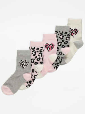 Pink Leopard Print Ankle Socks 5 Pack Kids at ASDA