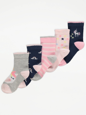 Pink Unicorn Print Ankle Socks 5 Pack Kids at ASDA