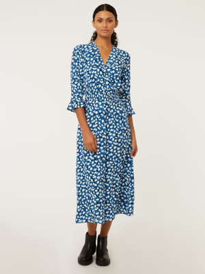 Blue Patterned Wrap Front Midi Dress Women at ASDA