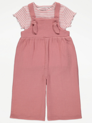 Dusty Pink Dungaree and Stripe Top Outfit Kids at ASDA