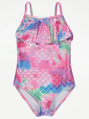 Pink Mermaid Scale Print Frilled Swimsuit Kids at ASDA