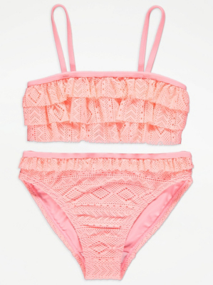 Neon Pink Crochet Frill Bikini Kids at ASDA