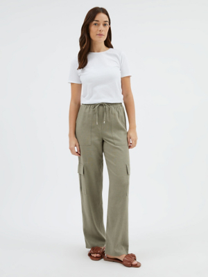 Khaki Linen Blend Cargo Trousers Women at ASDA