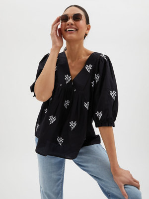 Black Embroidered V Neck Blouse Women at ASDA