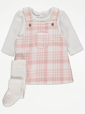 Pink Checked Fleece Pinafore Dress and Bodysuit Outfit Baby