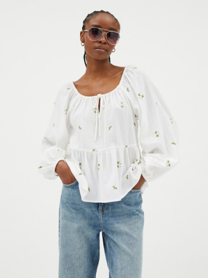 White Floral Embroidered Peplum Blouse Women at ASDA