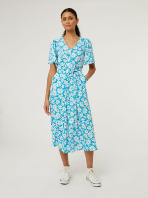 Light Blue Floral Print Button Up Midi Dress Women at ASDA