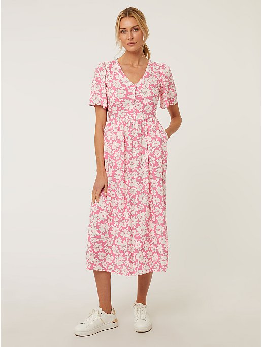 Pink Floral Button Front Midi Dress | Women | George at ASDA