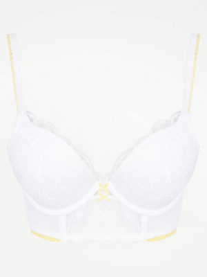 Entice White Lemon Embroidered Plunge Bra and Thong Set at ASDA