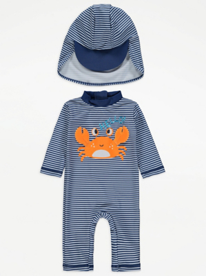 Blue Striped Crab Print Sunsafe Swimsuit and Keppi Hat Baby