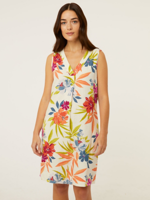 White Floral Print Linen Blend Shift Dress Women at ASDA
