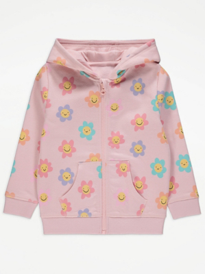 Pink Smiley Face Flower Zip Up Hoodie Kids at ASDA