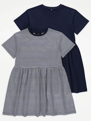 Navy Striped Short Sleeve Jersey Dress 2 Pack Kids at ASDA