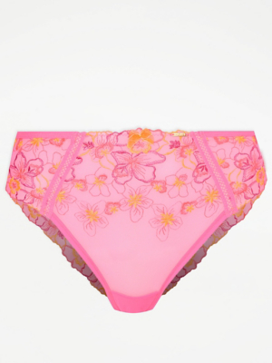 Entice Bright Pink Floral Embroidered High Waisted Brazilian Knickers