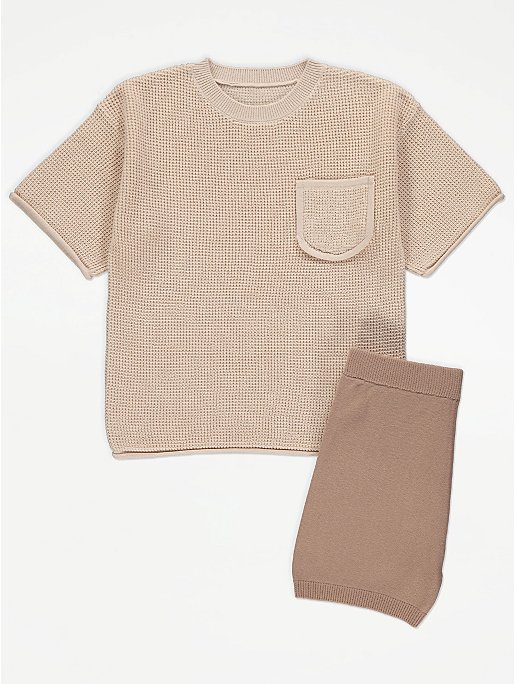 Unisex Beige Knitted Top and Shorts Outfit | Collections | George at ASDA
