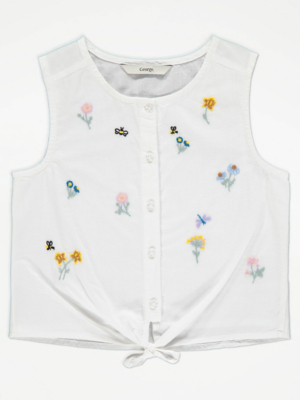 White Floral Embroidered Knot Front Blouse Kids at ASDA