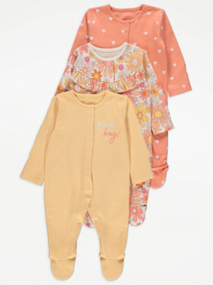 Assorted Retro Floral Long Sleeve Sleepsuits 3 Pack Baby at ASDA