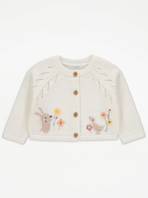 Cream Embroidered Bunny Knitted Cardigan Baby at ASDA