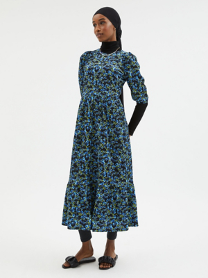 Blue Floral Print Jersey Midi Dress Women at ASDA