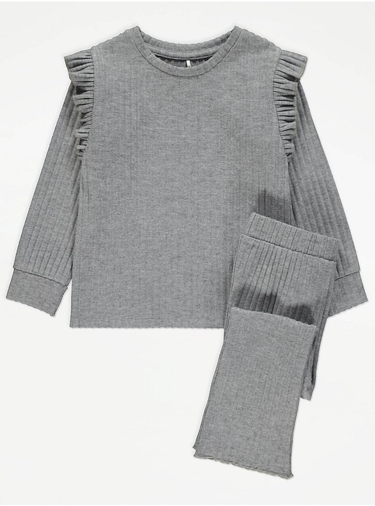 Girls Grey Ribbed Soft Touch Top & Flared Leggings Set (4-13yrs