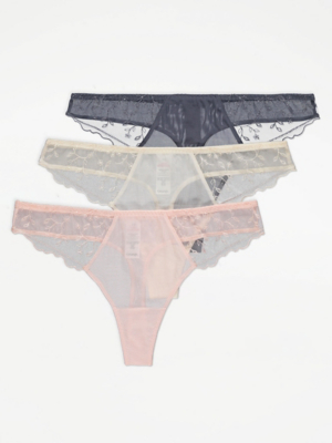 Floral Embroidered Thongs 3 Pack Women at ASDA