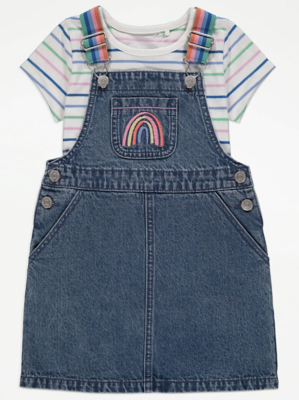 Rainbow Denim Pinafore Dress and TShirt Outfit Kids at ASDA