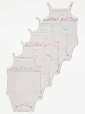 White Floral Trim Strappy Bodysuits 5 Pack Baby at ASDA