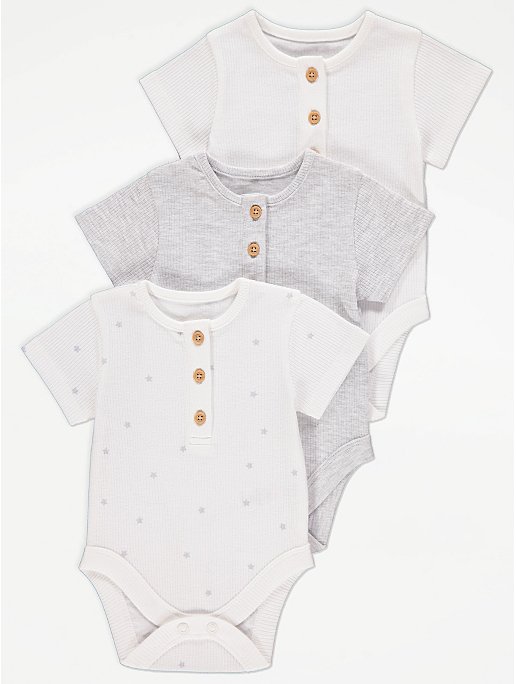 Grey Star Print Ribbed Bodysuits 3 Pack | Baby | George at ASDA