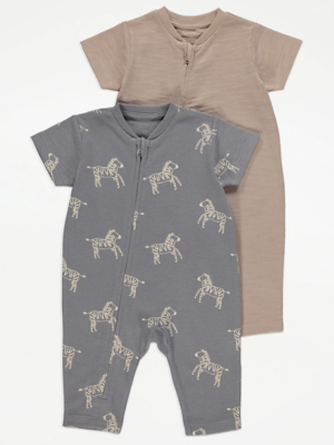 Grey Zebra Print Short Sleeve Romper 2 Pack Baby at ASDA